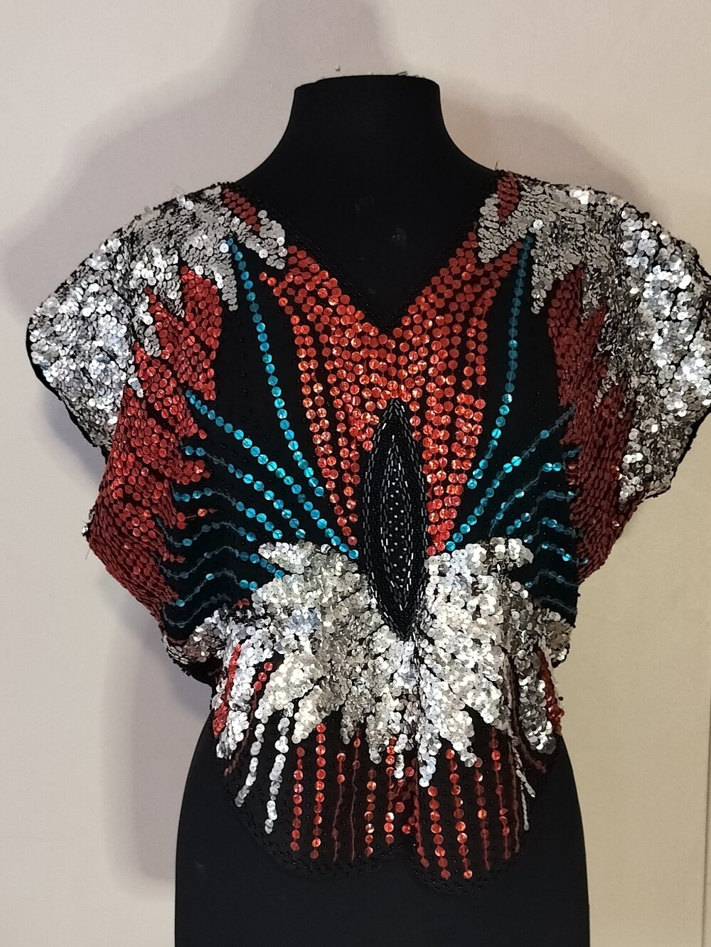 Embellished Sequin Black Crop Top with Red & Silver Accents